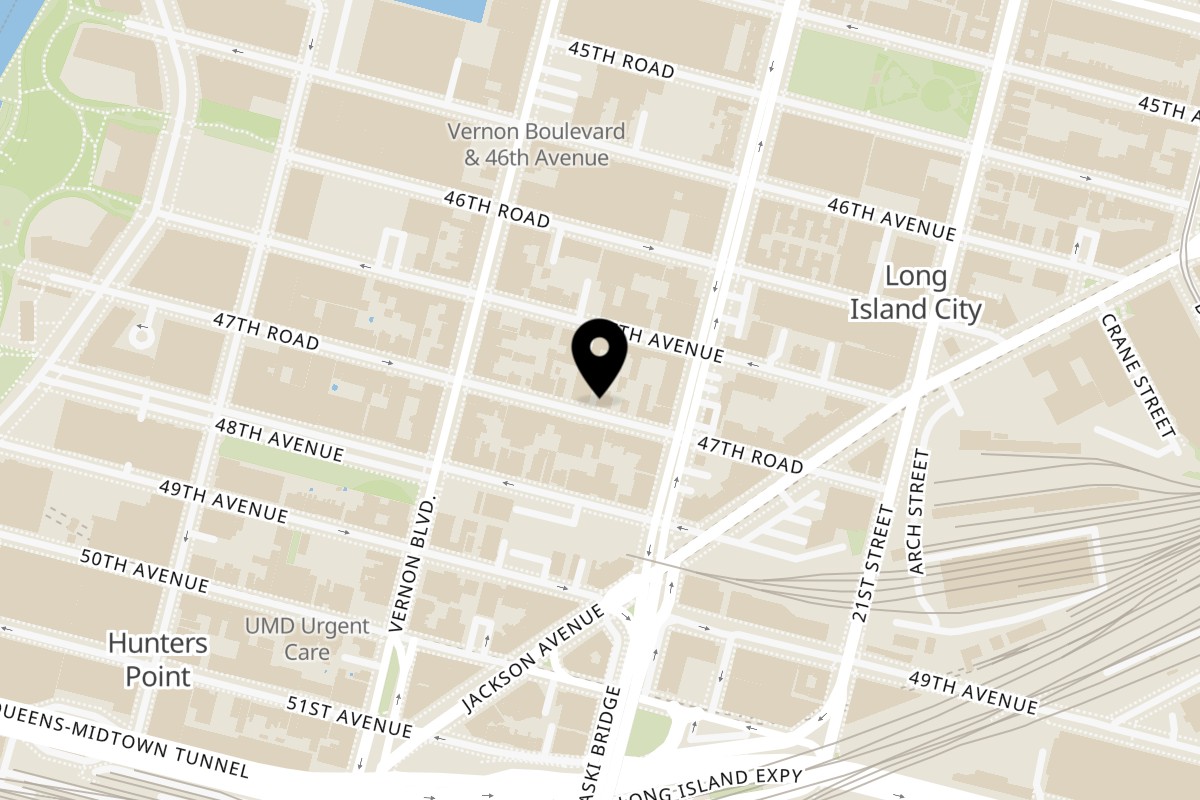 Map showing the location of Noodlecraft on 10-39 47th Rd in Long Island City